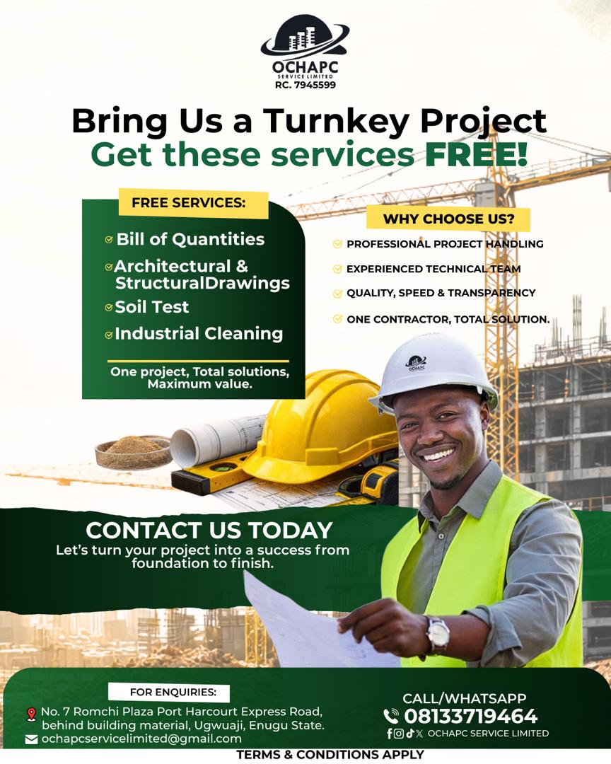 Ochapc_Service's tweet photo. 🚨 LIMITED SLOT ALERT – Don’t Miss These FREE Construction Services!  

For a limited time, when you start your Turnkey Project with OCHAPC Service Limited, you’ll receive exclusive professional services ABSOLUTELY FREE:  

✔️ Bill of Quantities (BOQ)  
✔️ Architectural &amp; Struct https://t.co/NtK76vqZ6C