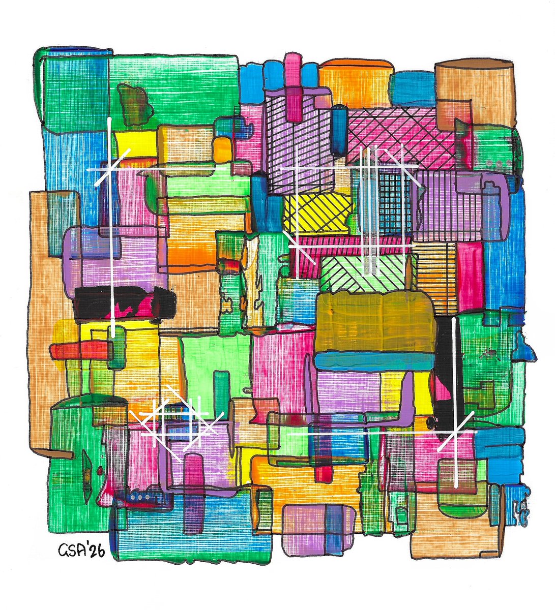 GrahamSeamanArt's tweet photo. EMERGENT ORDER: explores the shift from chaos to structure through layered geometry, bold colour, and intersecting lines. A dynamic abstract painting, created with using acrylics and markers- perfect for people who love modern, expressive art. #abstractart #acrylicart #painting https://t.co/K9bdhDaTg3