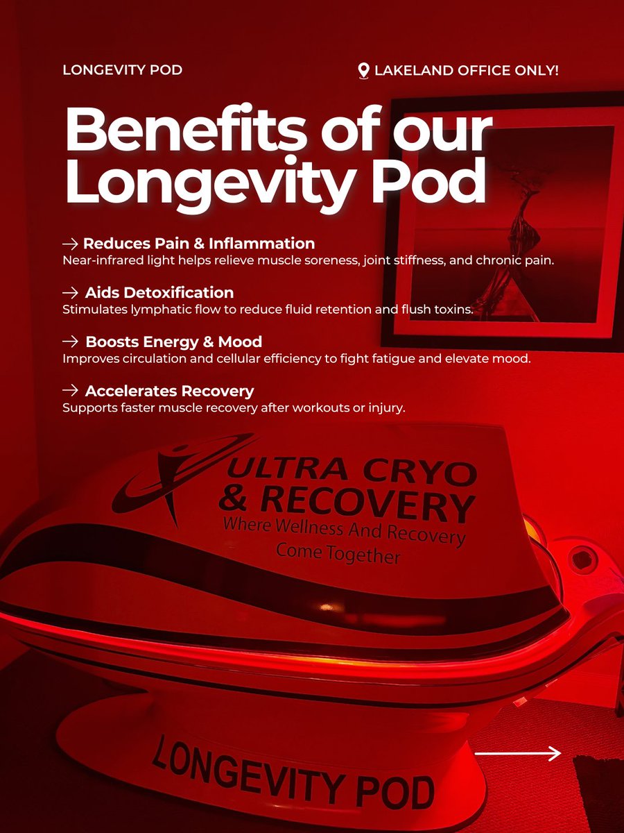 RecoveryCryo's tweet photo. Upgrade your wellness. ✨ The new Longevity Pod has landed at our Lakeland office!

Experience accelerated recovery, reduced inflammation, and a major energy boost. Ready to perform better?

#UltraCryo #LongevityPod #Lakeland #Wellness #Recovery #NewTech https://t.co/dqcsHRk6a9