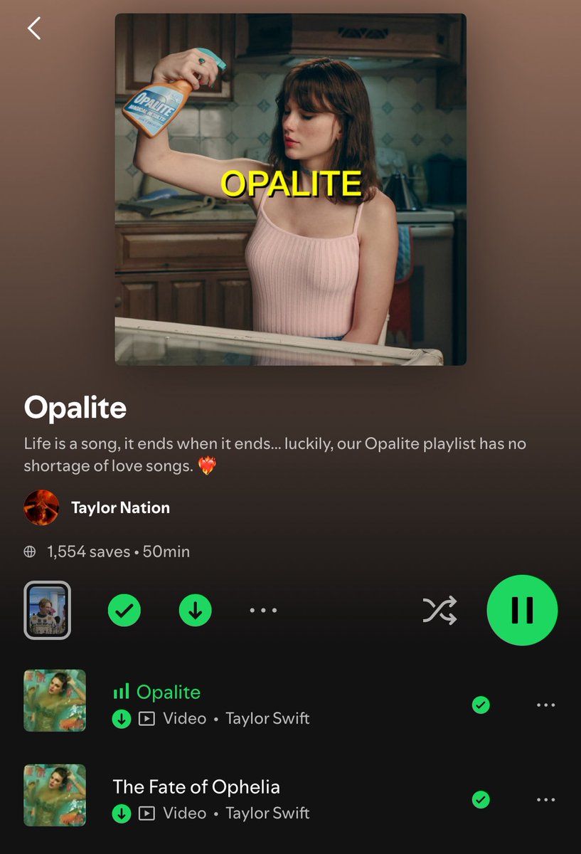 🚨| Taylor Nation created an ‘Opalite’ playlist on Spotify with 13 songs!

Opalite
The Fate of Ophelia
So High School
Wi$h Li$t
You Are In Love
cowboy like me
Lover
Timeless (TV) (From The Vault)
You Belong With Me
Love Story
Wood
Dress
The Alchemy

—“Life is a song, it ends when