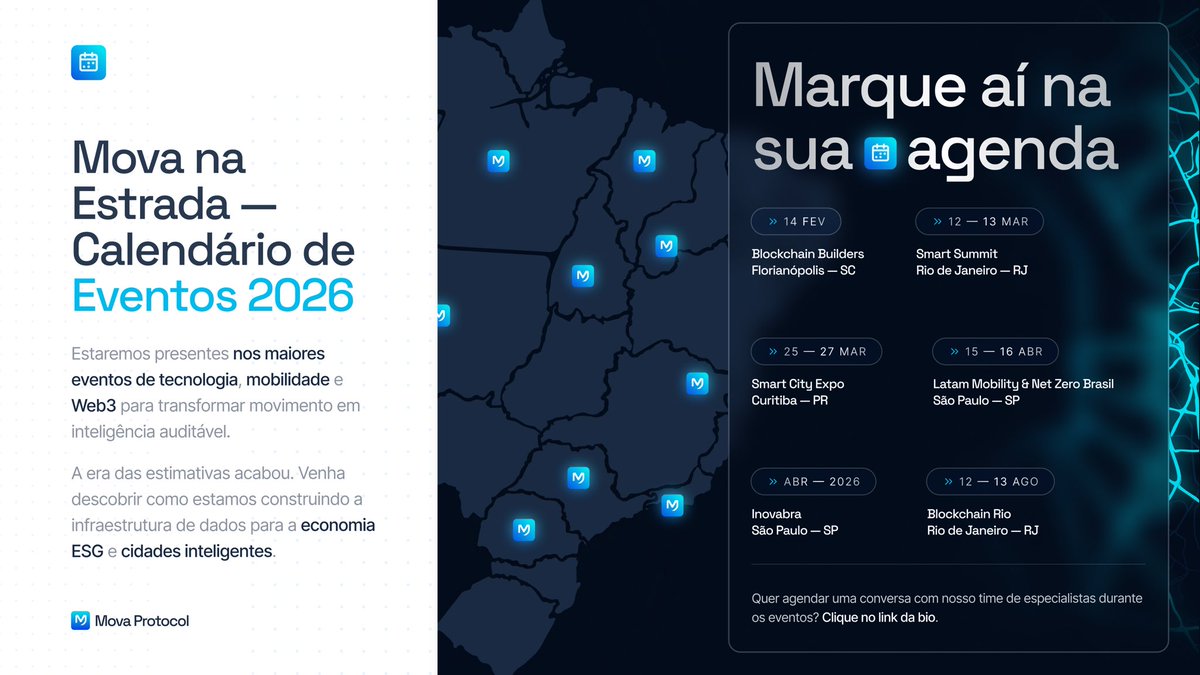 Calendário de eventos 2026

Estaremos presentes nos principais eventos de tecnologia, mobilidade e Web3 do Brasil para mostrar, na prática, como transformamos deslocamentos reais em inteligência auditável.

A era das estimativas ficou para trás.
Estamos construindo infraestrutura