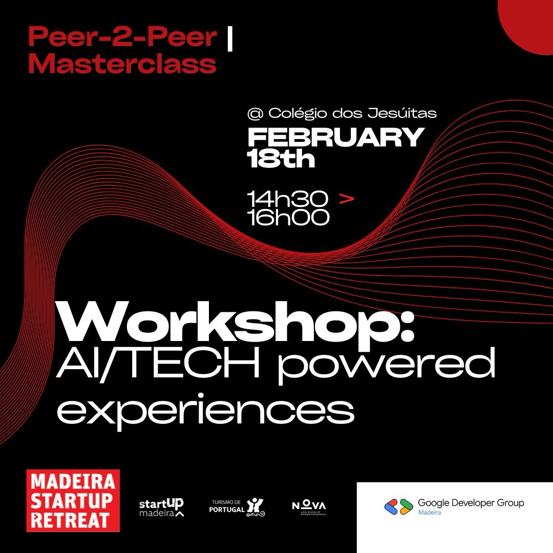 💡 Developers, founders &amp; AI enthusiasts — this one’s for you.

Explore real-world AI tools, discover tech solutions to concrete challenges and connect with Madeira’s innovation ecosystem.

📍 P2P Masterclass | AI Tech Powered Experiences

🎟 Free entry 👉 gdg.community.dev/e/mndvzf/