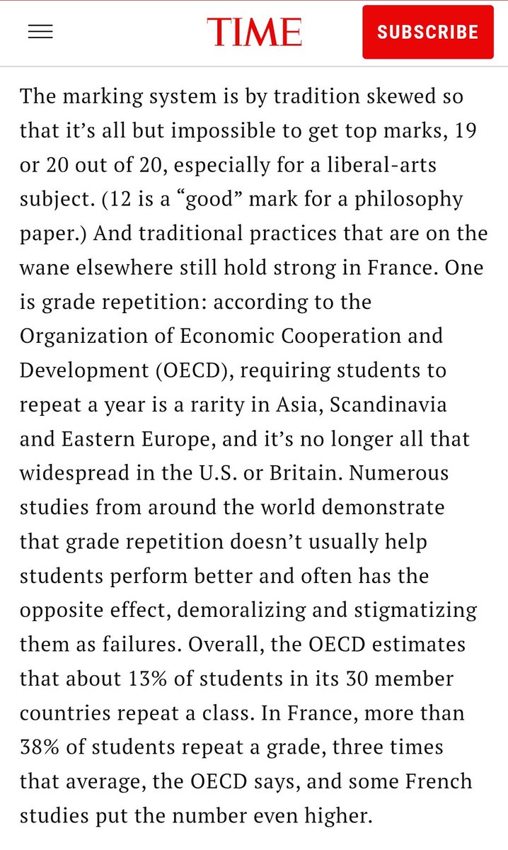 Given all the recent Harvard grade inflation hoopla, I forgot France's notoriously difficult grading system. It's a problem, actually, as 38% of students repeat a grade &amp; their methods are 19th century

16/20 is the 95th percentile
12/20 = 70th (~3.3GPA)
9/10 = 2.9/B- = redo/fail