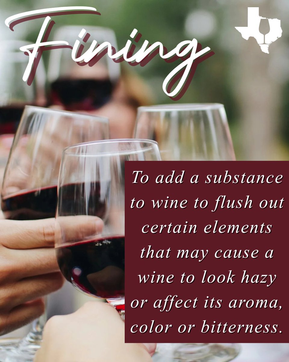 Commissioner Sid Miller highlight's todays wine term: Fining!

Fining is the process where a substance is added to a wine to remove unwanted particles which helps to clarify the wine, resulting in a clearer and more stable finished product. 

#UncorkTexasWines #WineEducation