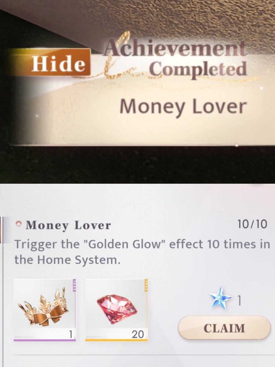 ninrhea's tweet photo. [Hidden Achievement: Money Lover]
Trigger "Golden Glow" effect 10 times in Home System

Go to the fountain > Wish > Instant Fortune
Wait 5 secs until the Golden Glow effect (MC surrounded by coins) appears
If it doesn't appear, start over
You only have 5 attempts to wish per day https://t.co/nqQm4HPNEF