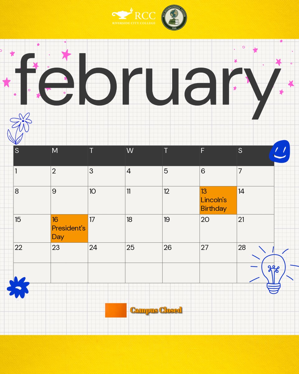Calendar check 📅✨ heads up Tigers 🐯 RCC campus will be CLOSED this Friday and Monday for Lincoln's Birthday &amp; Presidents' Day 🇺🇸😌.