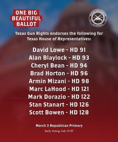 cherylbeantx's tweet image. Proud to have the endorsement of Texas Gun Rights, Texas' Largest No-Compromise Gun Lobby! You just don't mess with the 2nd Amendment! @TXGunRights  #ProtectTheSecond #2A #2AShallNotBeInfringed