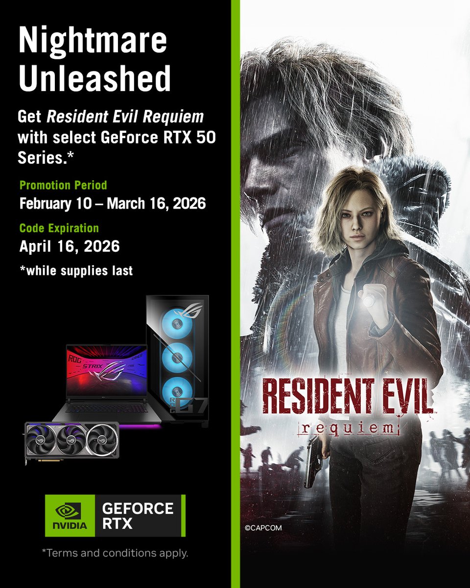 ASUS_ROGNA's tweet image. It's almost time to return to Raccoon City in #ResidentEvilRequiem 🧟‍♂️💥

Get a free copy of Resident Evil Requiem with select ASUS GeForce RTX 50 Series products 🎮🖥️💻

Learn More 👇
us.rog.gg/RER-Bundle
#RTXOn #pcgaming #ROG