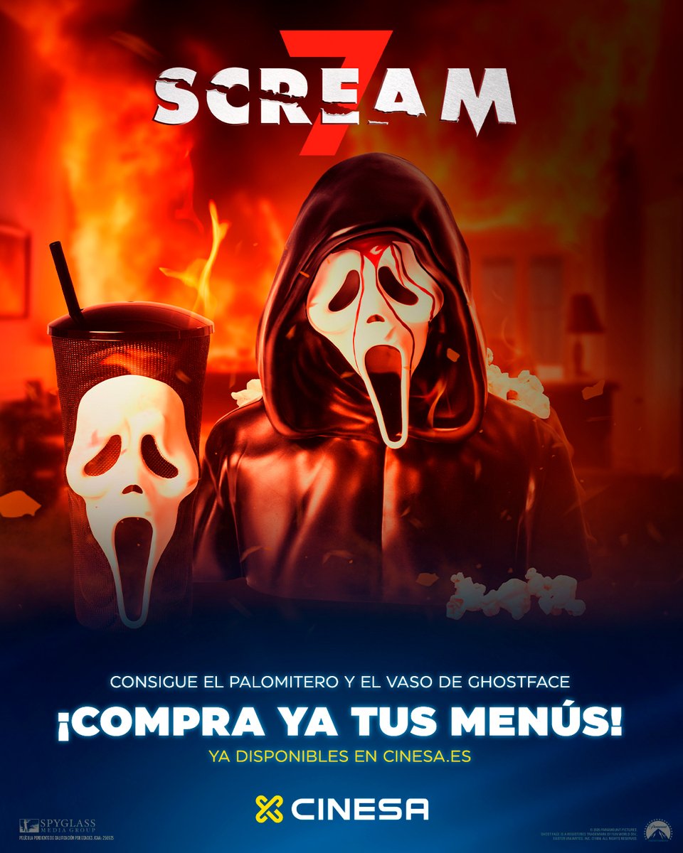 Cinesa's tweet photo. Vuelve la máscara. Vuelve Sidney 🔪🖤 Ya a la VENTA las ENTRADAS y el MENÚ de #Scream7. 
¿Qué te parece este merchan? 😎 Estreno en #Cinesa el 27 de febrero. 
https://t.co/TaxYSIQB7x https://t.co/lbCnr8l3fS