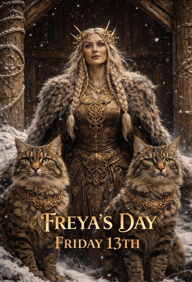 maximumpain333's tweet photo. Friday The 13th Coming up. 

A date they taught you to fear.
A current the Old Ways remember as sacred.

I am a Viking Pagan Witch and High Priestess.
I do not speak of Freyja as myth or aesthetic.
I speak of her as lineage. As living current.

Friday is named for Freyja, the great Vanir goddess whose name echoes through the Germanic tongues. Just as Thursday remembers Thor, Friday remembers Her.

Every Friday carries her frequency.

And the number 13?
Lunar. Cyclical. Blood. Rebirth.
The number of the feminine mysteries.

It was never unlucky.
It was powerful.

When Christianity moved through the Norse lands, many deities were softened, reframed, absorbed into sainthood.

Freyja could not be softened.

She governed sexuality and sovereignty.
Fate and prophecy.
Battle and beauty.
Wealth and death.

She chose half the slain for Fólkvangr while Odin took the other half to Valhalla.

She wore Brísingamen not as decoration but as earned power.

She rode in her falcon cloak between worlds.

She commanded seiðr the deep trance magic of fate weaving.

And this is what unsettled the Church.
She did not ask permission.

She taught the gods seiðr.
She trained the völvas, the staff bearing seeresses.
She ruled desire without shame.
She embodied fertility and war in the same breath.

A woman who feels.
A woman who chooses.
A woman who sees and refuses to bow.

What could not be controlled was reframed.
Power became excess.
Sensuality became sin.
Authority became vanity.

This pattern is ancient.
And it is still happening.

But the Old Ways do not forget.
And neither do we.

Freyja’s magic is not loud domination.
It is embodied sovereignty.

She teaches.

Desire is directional.
Grief is depth.
Sensuality is aliveness.
Magic is alignment.

Seiðr is not rushed spellwork.
It is lunar. Cyclical. Intuitive.
It requires stillness. Timing. Nerve.

It moves through the body before it moves through the world.

Those drawn to Freyja are often reclaiming what was once shamed.

Your longing.
Your intuition.
Your sexuality.
Your authority.
Your witch blood.

Friday the 13th is not superstition.
It is reclamation.

In the Old Ways, this would have been a day to Wear gold or amber.
Anoint with honey, rose, or myrrh.
Sit in trance and ask, What do I truly desire?
Pull one rune and listen.
Honour both your softness and your sword.

You do not harden to become powerful.

You integrate.

To walk with Freyja is to choose wholeness.
To honour desire without apology.
To practice magic that is embodied, sovereign, and deeply true.

This Friday, do not shrink.

Stand in your sovereignty.
Call your magic back into your bones.
Remember who you are.

The Old Ways are not lost.
They are remembered.

~ Justine Wyrostek

✨🙌🏾💫