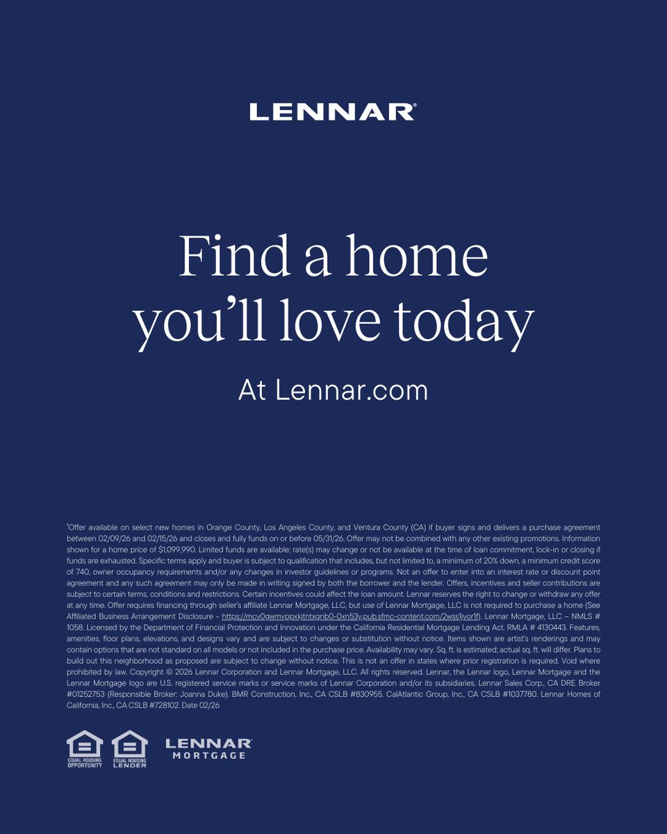 Make Today Your Move-In Day 🎉

Your next chapter begins now—take advantage of Lennar Mortgage LLC’s, Promotional 7/6 ARM Rate of 4.25% (6.729% APR)¹ on select move-in ready homes across Los Angeles, Ventura, and Orange County. 💙🏠

View Top Deals Here: spr.ly/6016hr9Ar