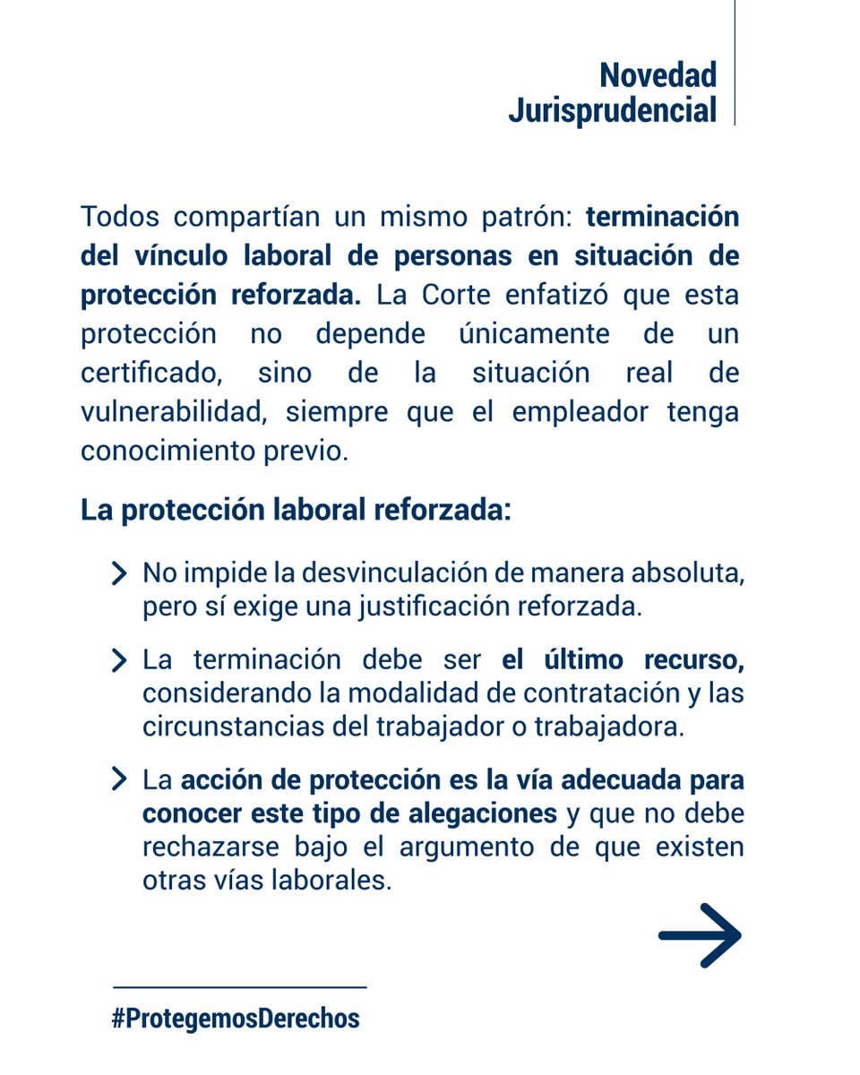.📌 La Corte revisó seis acciones de protección por desvinculaciones laborales y enfatizó que estos casos no pueden tratarse solo como conflictos laborales: los jueces deben analizar si hubo vulneración del derecho al trabajo y a la protección laboral reforzada.