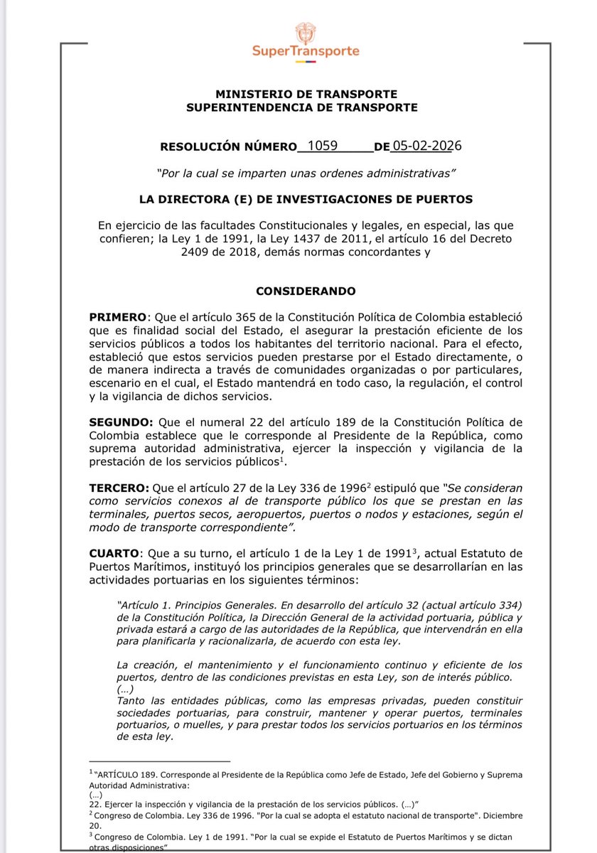 Junto a la ministra <a href="/maferojas/">Mafe Rojas</a> y en articulación con la <a href="/Supertransporte/">SuperTransporte 🇨🇴</a> se expidió la Resolución 1059 del 05-02-2026, que imparte órdenes administrativas para garantizar que el servicio portuario en Buenaventura sea eficiente y seguro. 
🤓Lee aquí acortar.link/P1F9ev