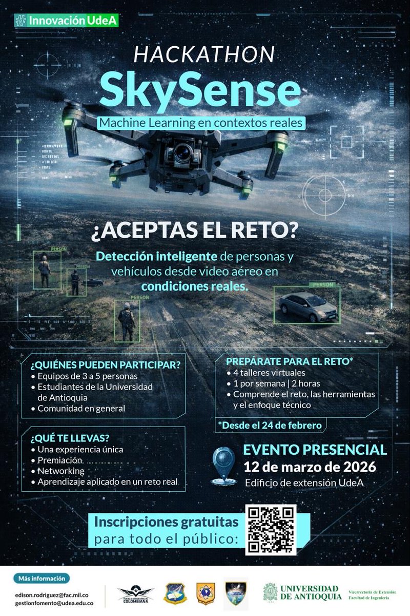 DsistemasUdeA's tweet photo. 🚀 ¿Aceptas el reto? Hackathon Skysense 2026
Lleva el ML a la vida real: detección de personas y vehículos desde video aéreo.

📍 Presencial en el Edificio de Extensión de la Universidad de Antioquia
👥 Equipos de 3–5 | 🎓 Abierto a estudiantes y público general https://t.co/fwHcHgbwAC