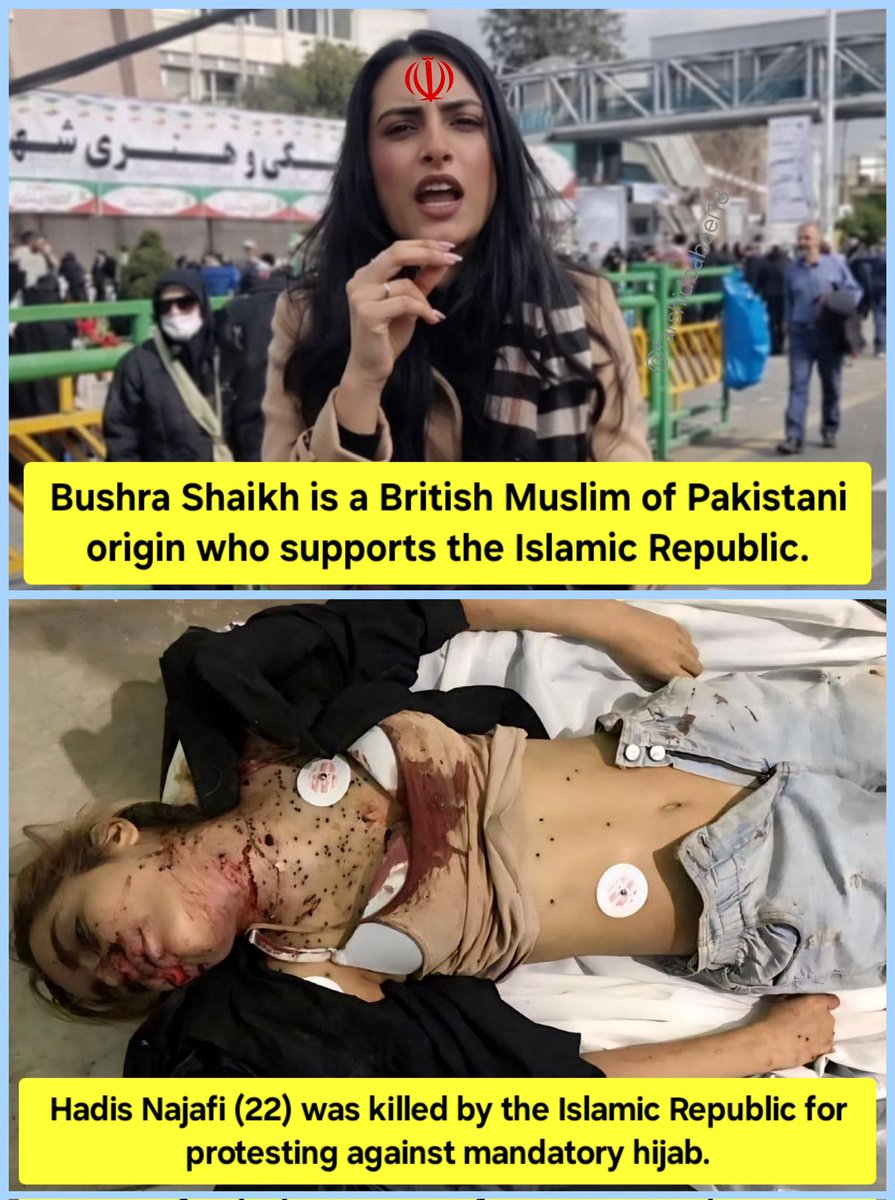 <a href="/Bushra1Shaikh/">Bushra Shaikh</a> One photo. Two realities.

Top: <a href="/Bushra1Shaikh/">Bushra Shaikh</a>, a British Muslim of Pakistani origin, supports the Islamic Republic and claims women are free under its rule.

Bottom: Hadis Najafi, a 22-year-old woman, was killed in September 2022 after protesting in support of #MahsaAmini, who