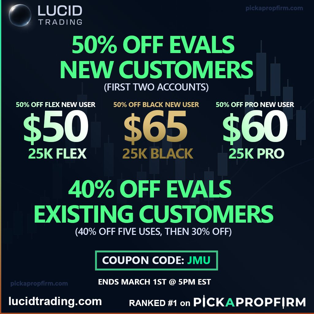 jmutrades's tweet photo. ⚫Lucid new customer deal still going!🤑
Flex starts @ $50 | Pro starts @ $60
50% OFF evals for new users (2 Uses)
40% OFF evals for existing users (5 Uses, then 30% OFF)  
Claim deal👉https://t.co/VAV6WKTfMs | code JMU
Never has there been a better time to join Lucid. https://t.co/x6Ct7hAVic