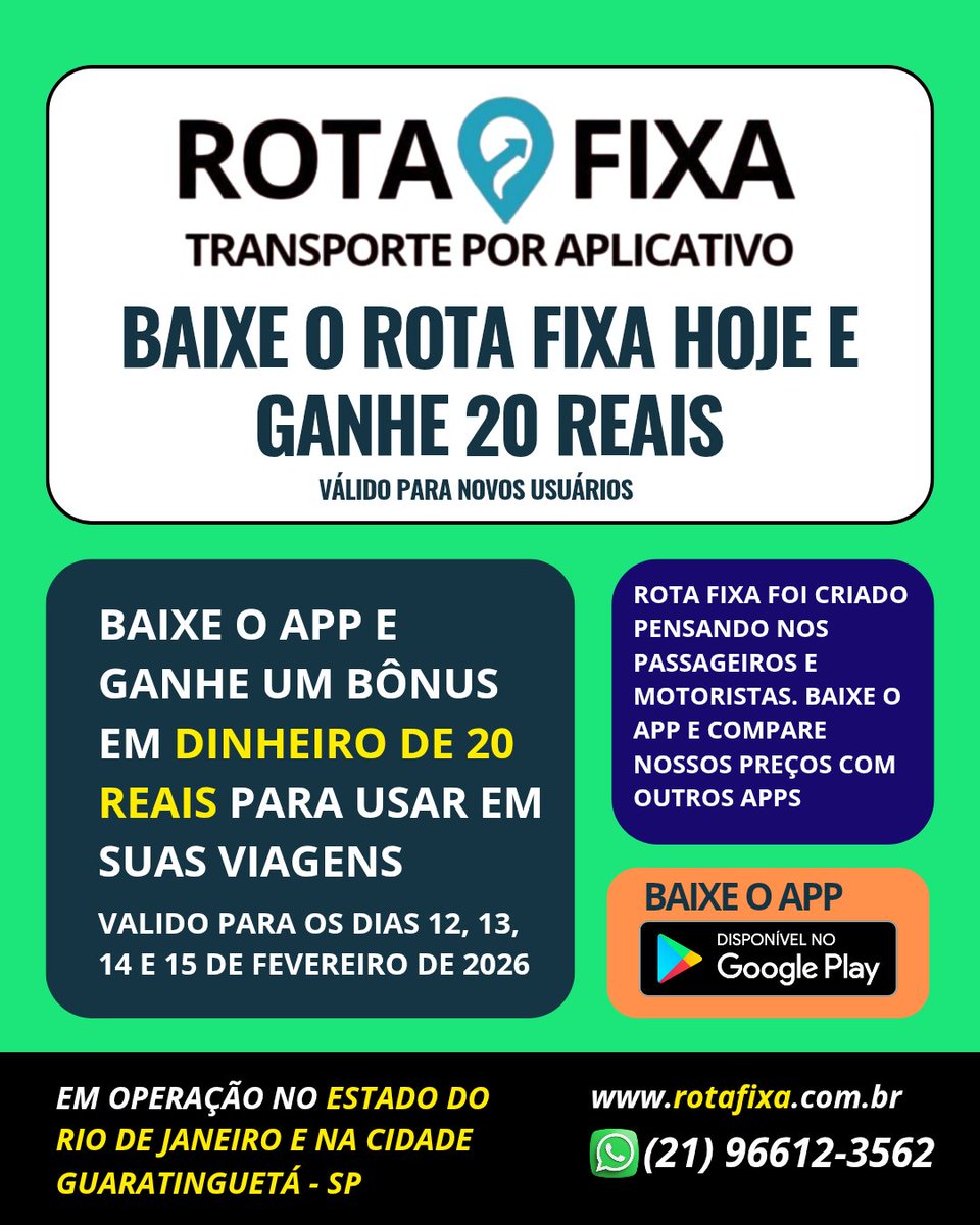 Veja essa promoção do app de transporte Rota Fixa. É uma nova empresa de transporte que está formando sua base de clientes. Essa empresa opera com as menores taxas do mercado