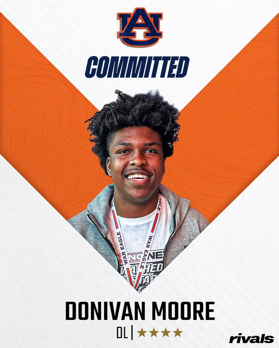 🚨BREAKING🚨 4-star DL Donivan Moore has committed to Auburn, @SWiltfong_ and @Hayesfawcett3 report🦅 Moore ranks No. 52 NATL. (No. 5 DL) in the 2027 Rivals300. Read: https://t.co/AfwvFAzo6l