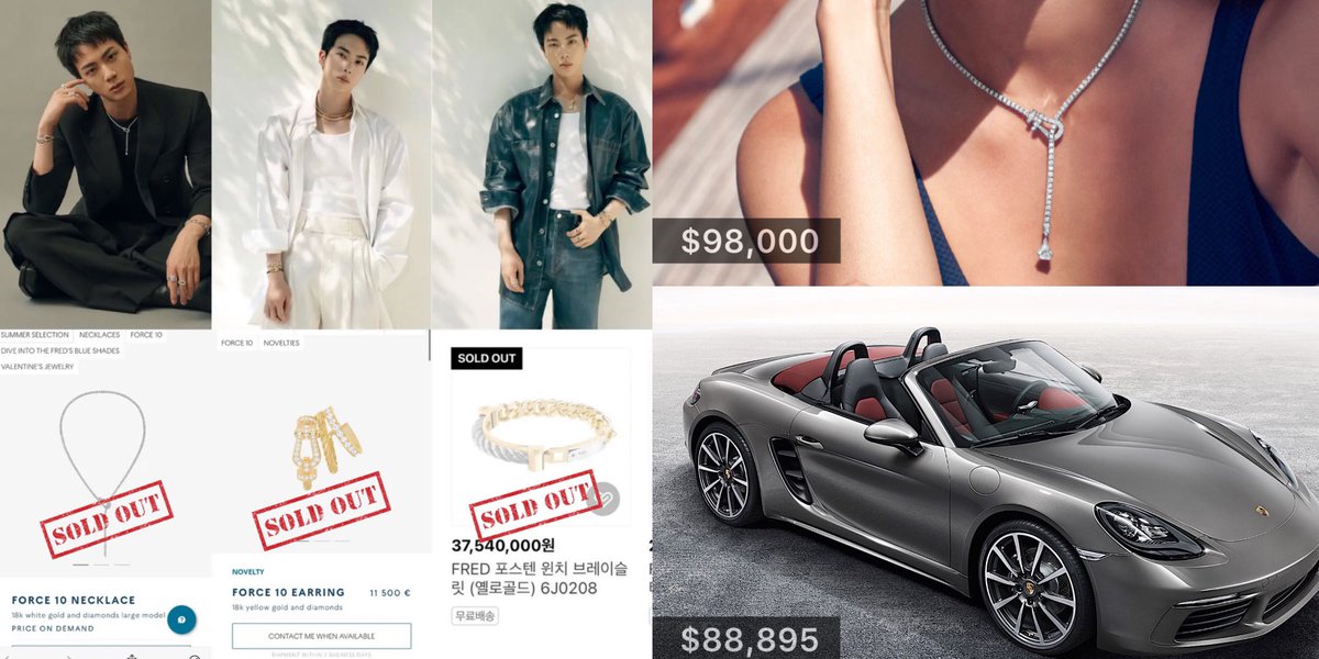 JINSRECORD's tweet photo. Two hours after #Jin was announced as the global brand ambassador of Maison FRED 🇫🇷, all items he wore including the necklace ($98k), bracelet ($28k), ring ($17k) and earrings ($13,2k) 𝗦𝗢𝗟𝗗 𝗢𝗨𝗧 ! causing the official website to crash.

The Force 10 iconic necklace alone exceeds the price of a Porsche 718 Boxster.