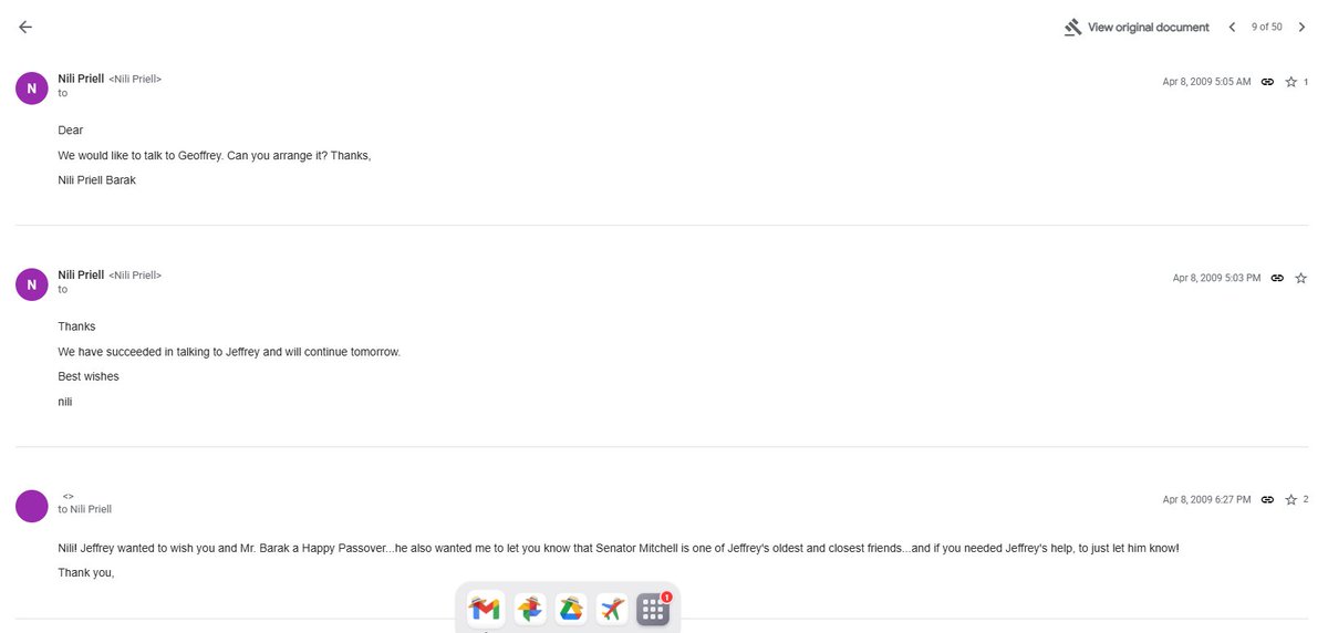 ErelSegal's tweet image. אהוד מנהיג מחאת הדמוקרטים השקרן
מצ"ב מייל מ-8 באפריל 2009 
נילי פריאל ברק מבקשת מהעוזרת של אפשטיין לארגן שיחה עם ג'פרי.
כמה שעות לאחר מכן נילי שולחת מייל תודה ומוסרת שהשיחה תמשיך מחר. 
העוזרת משיבה שג'פרי מוסר פסח שמח ושהוא מכיר מצוין את הסנטור מיטשל אם הם צריכים סיוע ממנו. 
יש…