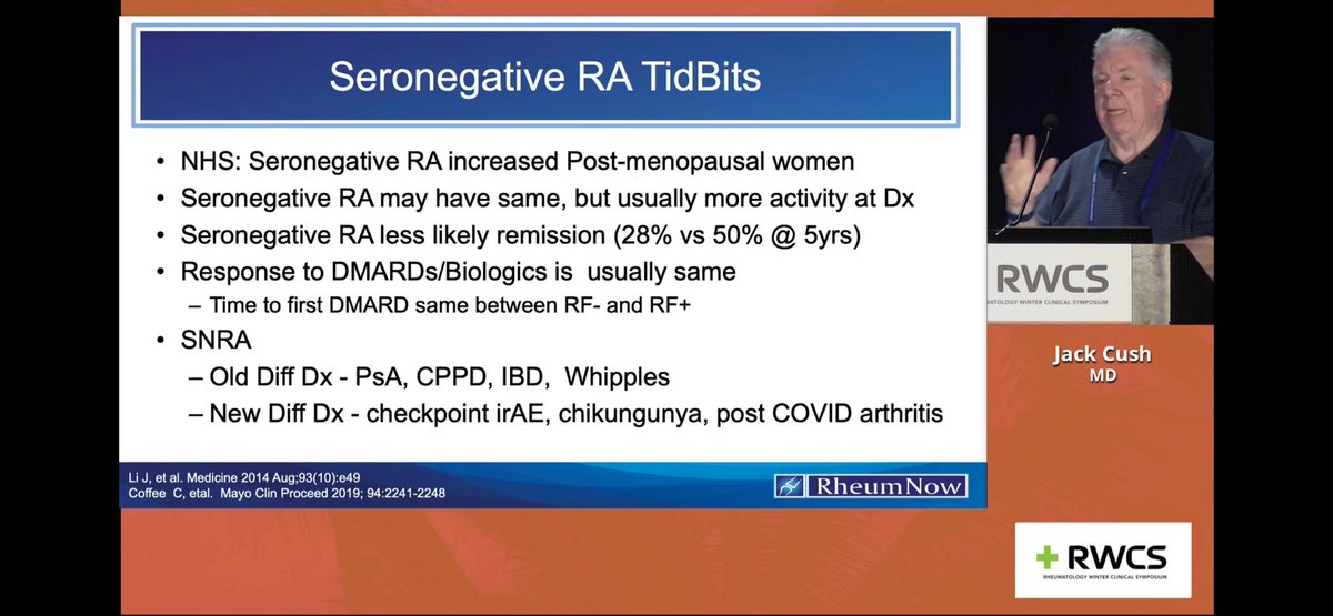 doctorRBC's tweet photo. Seroneg RA Tips from Dr. Cush
1) increased in post menopausal women
2) seroneg RA has more activity at dx 
3) response to tx usually the same as seropositive
4) differential dx : ICI, Covid, infx

@RheumNow #RWCS2026 https://t.co/dmFyUrsB6q