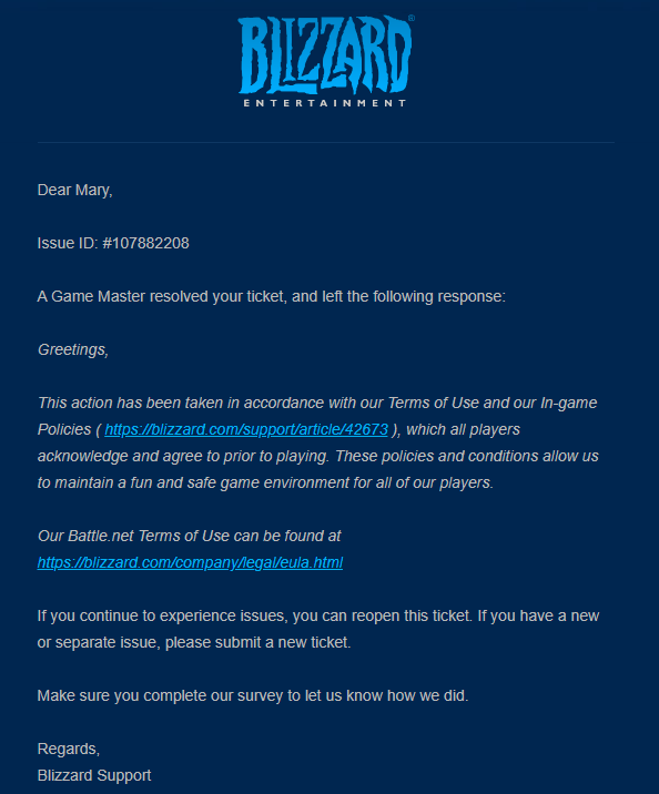 LoLMaryBerry's tweet photo. My Appeal received this response 24 Hours after opening the appeal @BlizzardCS Can I please get a real human to respond to me to fix this issue?? Do I just keep appealing until a real person looks at it? I did not and do not use any cheating programs. Been playing since 2006. https://t.co/PTIaitwr9B
