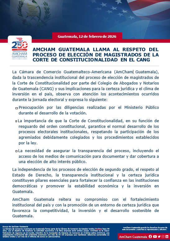 Factor4_GT's tweet photo. #URGENTE | AmCham Guatemala (@AmChamGT)  fija postura ante elección en el CANG

La Cámara de Comercio Guatemalteco-Americana (AmCham Guatemala) manifestó su #preocupación ante los acontecimientos registrados durante la jornada de elección de magistrados de la Corte de Constitucionalidad (@CC_Guatemala ) por parte del Colegio de Abogados y Notarios de Guatemala (CANG).

La organización señaló que, dada la trascendencia institucional de este proceso y sus implicaciones para la certeza jurídica y el clima de inversión en el país, observa con atención las diligencias realizadas por el Ministerio Público durante el desarrollo de la votación.

AmCham Guatemala reiteró su compromiso con el fortalecimiento institucional del país y con la promoción de un entorno de certeza jurídica que favorezca la competitividad, la inversión y el desarrollo sostenible.