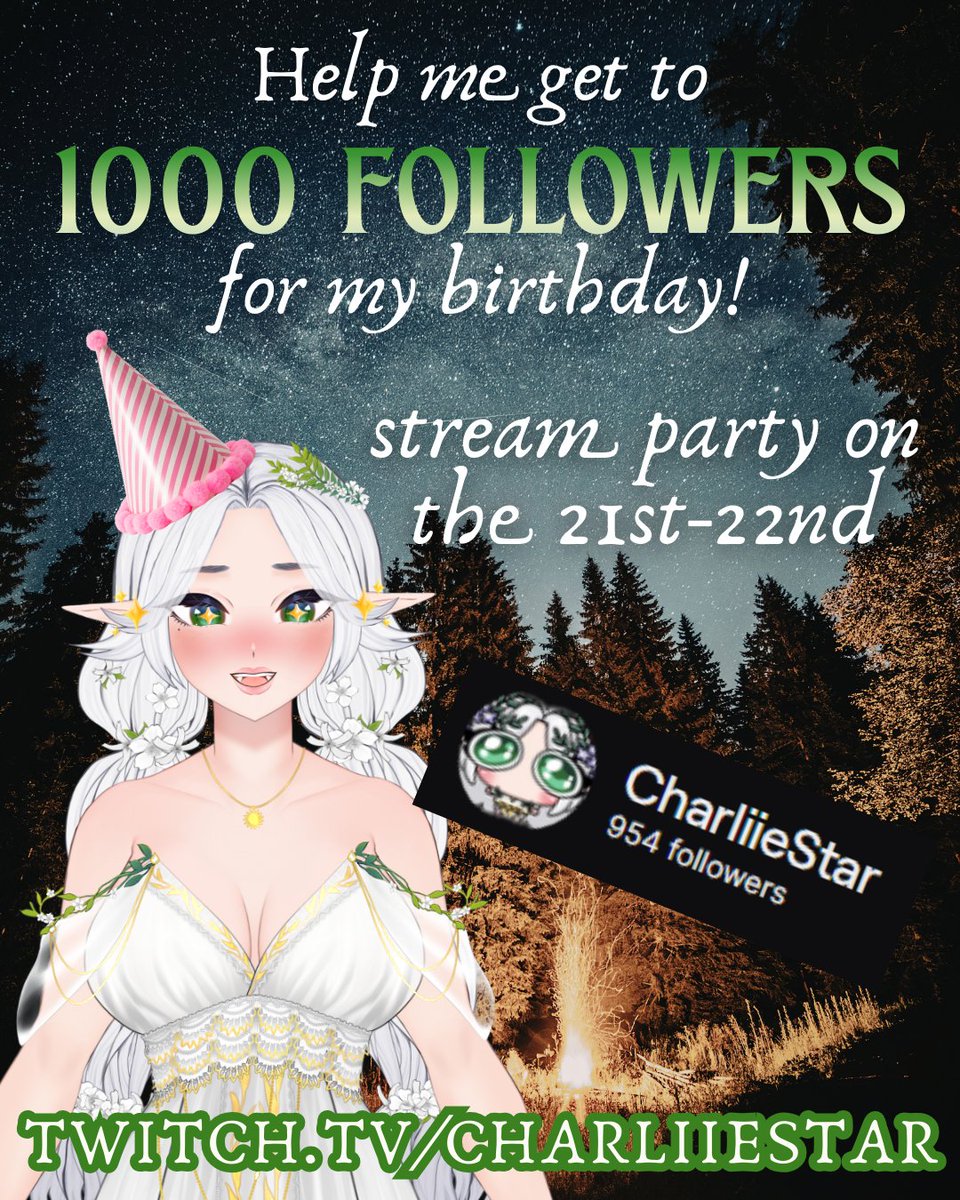 🌿ITS MY BIRTHDAY SOON!!!🌿

It's the 23rd of Feb! and as cringe as it is, I'd love to try and hit 1k followers on twitch for it🩵

So Hi!! I'm Charliie a cozy chaotic tree nymph who loves playing games and being silly✨

Consider following me and joining my birthday streams!🌿