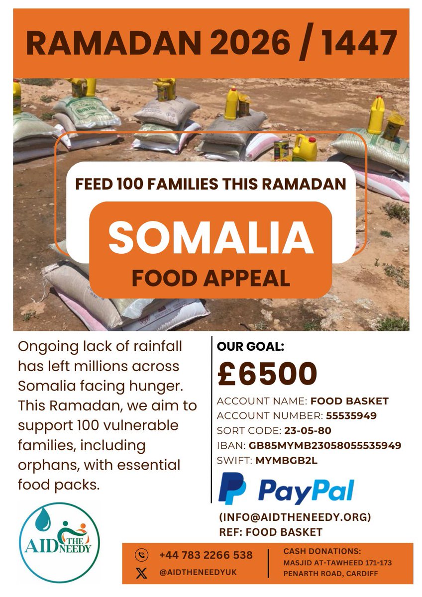 🌟FEED 100 FAMILIES IN SOMALIA🌟

These food packs will provide needy families with enough food to last the whole month in shaa Allah!

Donate now 

PayPal: paypal.me/aidtheneedy

Apple/google pay link:
donate.stripe.com/fZeaIta6L3mh3d…