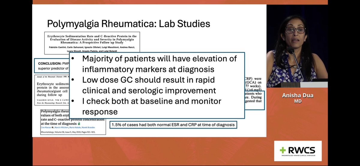 doctorRBC's tweet photo. Dr. Alisha Dua on PMR
More common in women, most common inflammatory rheumatic condition in ppl >50 
Elevated APRs
Low dose steroids = rapid clinical and serologic improvement 

@RheumNow #RWCS2026 https://t.co/330RzjZ0MO