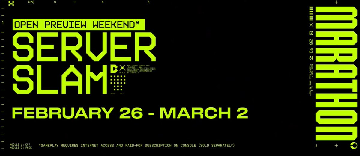 Marathon's Server Slam: 

🟢Everyone who completes the intro mission will unlock a unique emblem and background

🟢Additional rewards received at launch for progressing up to Runner Level 30

🟢Two Maps: Perimeter and Dire Marsh 

🟢Take on the early contracts for CyberAcme,