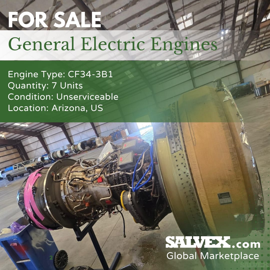 aviation_ai's tweet photo. FOR SALE ✈️ GE CF34-3B1 Turbofan Engines (7 units)🔧 Unserviceable — ideal for teardown/parts recovery
📍 Arizona, USAPlace a bid: https://t.co/KSYjEklasz
📩 sales@salvex.com#Salvex #AviationParts #MRO #AircraftEngines #ForSale https://t.co/P6jU1TnFIp