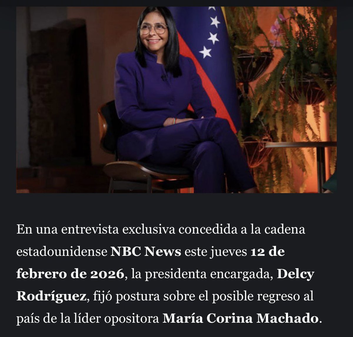 SKtira24's tweet photo. Delcy Eloína : «Con respecto a su regreso al país, ella tendrá que responder ante Venezuela. Por qué pidió una intervención militar, por qué pidió sanciones para Venezuela y por qué celebró las acciones que tuvieron lugar a principios de enero», sentenció. https://t.co/Bm8s1P4Rjm