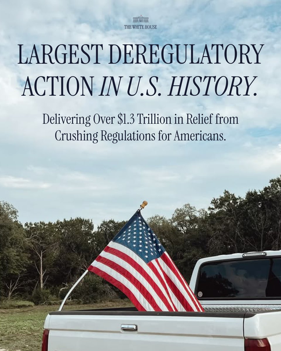 WhiteHouse's tweet image. Promises Made, Promises Kept: Slashing regulations and saving Americans trillions. 🇺🇸