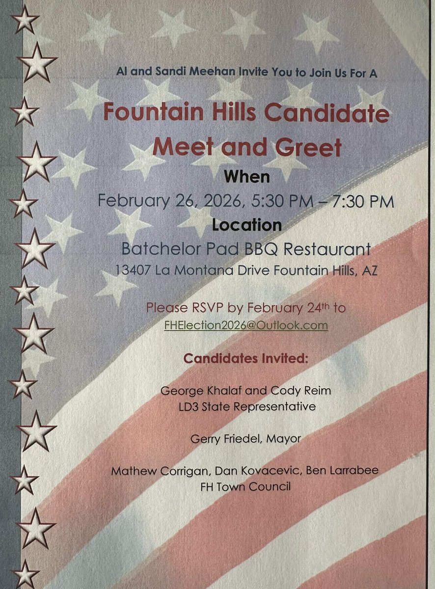George_Khalaf's tweet image. 👋I’ll be in the area for two upcoming events and would love to see you there.

2/21, 2-4PM – Rio Verde Foothills Candidate Town Hall with @codyreim247
📍Rural Metro Station 826

2/26, 5:30-7:30PM - Fountain Hills Candidate Town Hall
📍Batchelor Pad BBQ

#AZHouse #LD3