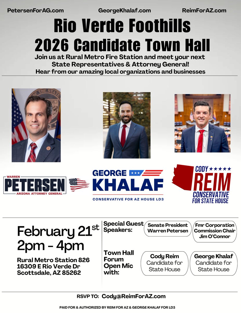 George_Khalaf's tweet image. 👋I’ll be in the area for two upcoming events and would love to see you there.

2/21, 2-4PM – Rio Verde Foothills Candidate Town Hall with @codyreim247
📍Rural Metro Station 826

2/26, 5:30-7:30PM - Fountain Hills Candidate Town Hall
📍Batchelor Pad BBQ

#AZHouse #LD3