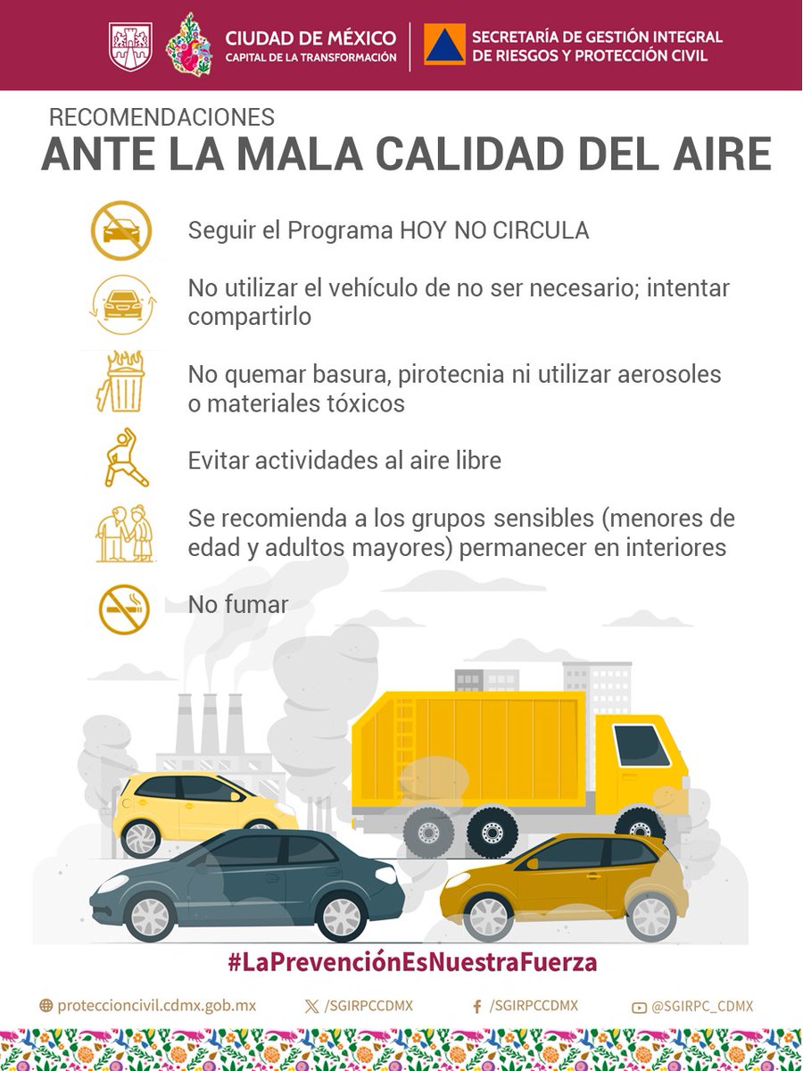 Se activó contingencia ambiental atmosférica por ozono en la #ZMVM.

Sigue las recomendaciones y mantente informado:

🚫No realizar actividades al aire libre
🚫No fumar
🚫No quemar basura
✅Seguir el programa "Hoy no circula"

#LaPrevenciónEsNuestraFuerza