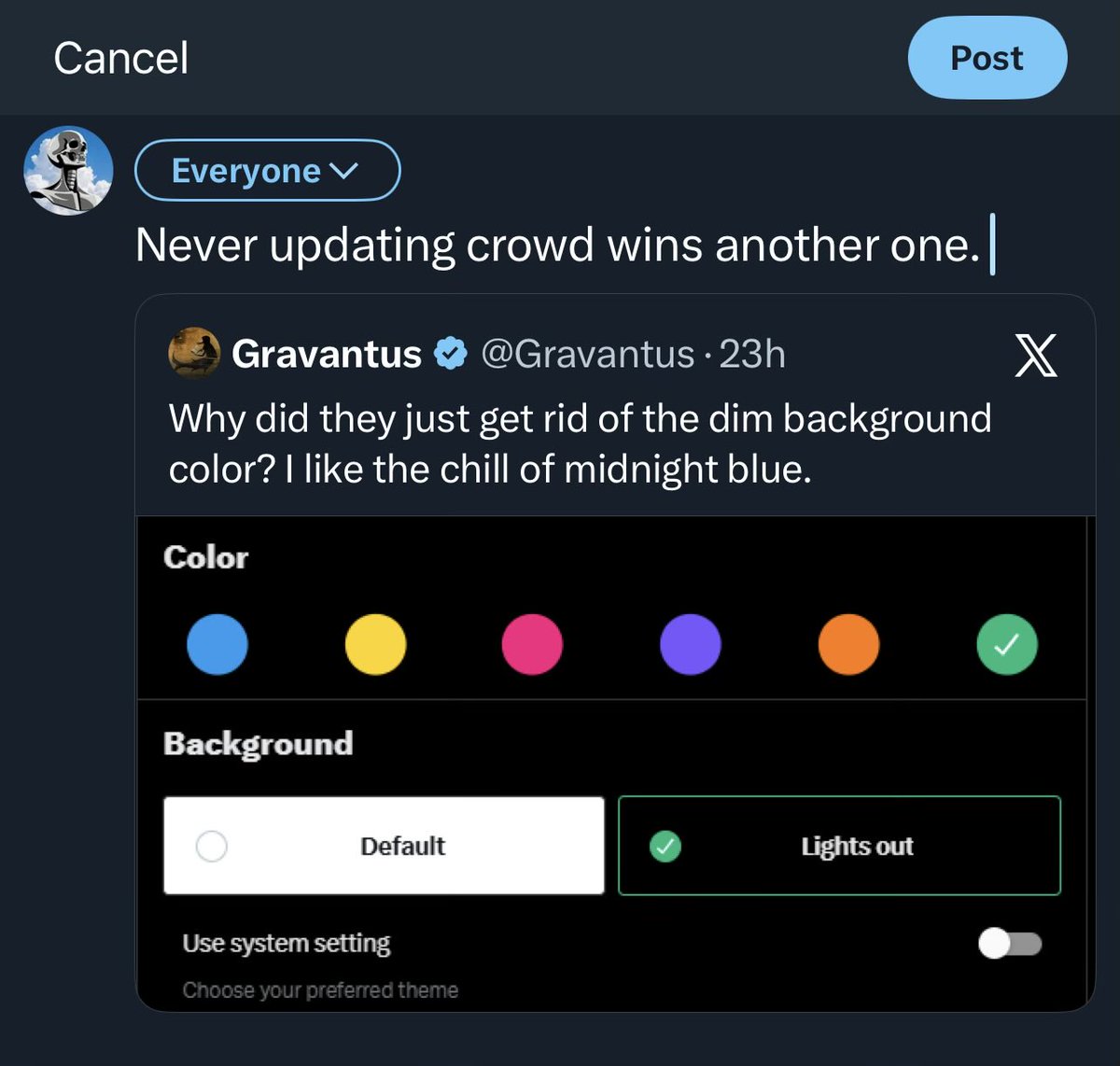 I’m not losing dim. I don’t care what update comes out.