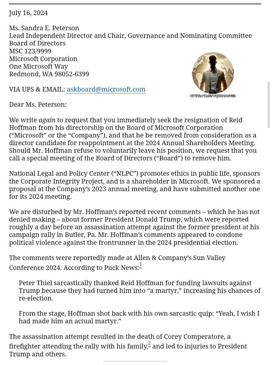LadyAfro17's tweet photo. 12 febbraio 2026, Stati Uniti
RICHIESTA DI RIMOZIONE ALLA MICROSOFT PER REID HOFFMAN❗
Il National Legal and Policy Center (#NLPC) ha presentato una sollecitazione ufficiale alla SEC esortando il consiglio di amministrazione di Microsoft a rimuovere o richiedere le dimissioni di #Reid_Hoffman.
Le motivazioni principali sollevate dall’organizzazione includono:
• Riferimenti a recenti dichiarazioni pubbliche su #Donald_Trump giudicate "incendiarie" e inappropriate per un membro del board.
• Preoccupazioni persistenti riguardanti i passati contatti di Hoffman con Jeffrey Epstein.
• Secondo l'NLPC, la presenza di Hoffman nel consiglio rappresenterebbe un danno all'immagine e all'integrità dell'azienda.
Il gruppo invita gli azionisti a opporsi alla sua rielezione per tutelare la trasparenza e l'etica del colosso di Redmond.
#12febbraio #13febbraio #USA #AmericaNews #Hoffman #Microsoft #Epstein #EpsteinFiles
#JeffreyEpstein
https://t.co/r677SBGoCx