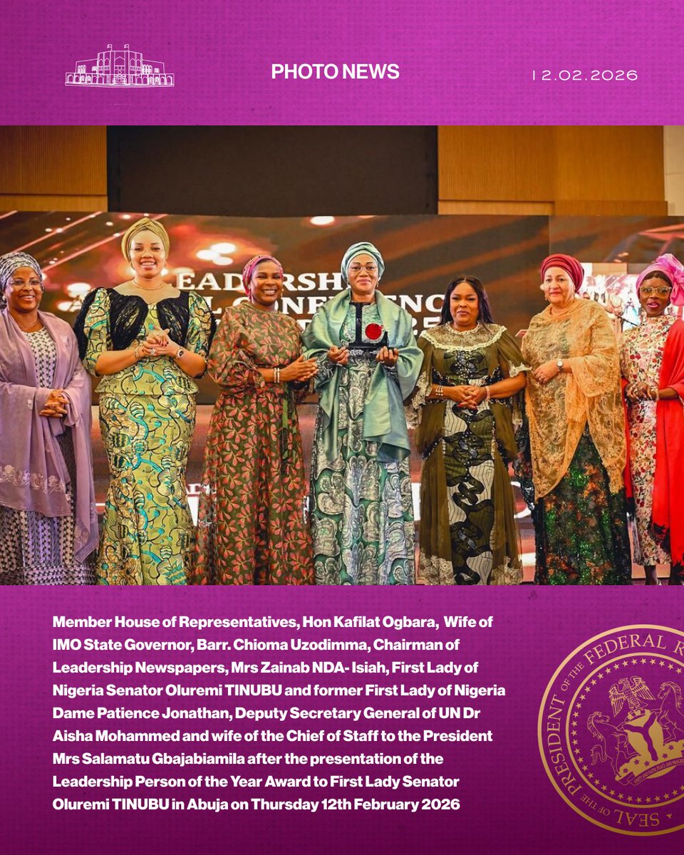 First Lady of Nigeria, Senator Oluremi Tinubu receiving the Leadership ‘Person of the Year’ award on Thursday, 12th February, 2026.

<a href="/SenRemiTinubu/">Sen Oluremi Tinubu, CON</a>