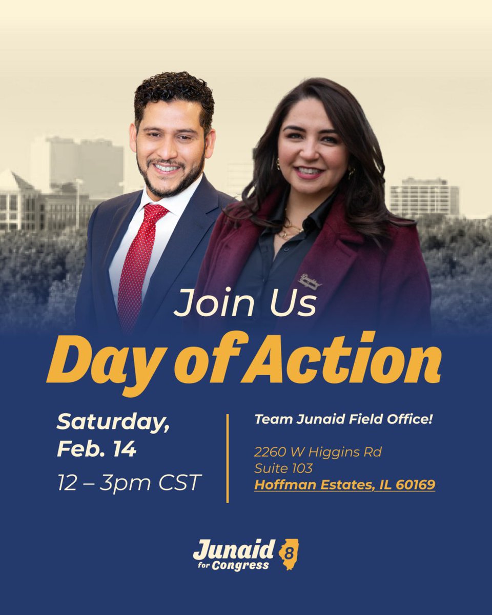 Join Junaid and Rep. Delia Ramirez this Saturday for our special Valentine’s Day canvass! We’ll be knocking on doors to talk about how to bring progressive change to the 8th District!

Register here: 
mobilize.us/friendsofjunai…