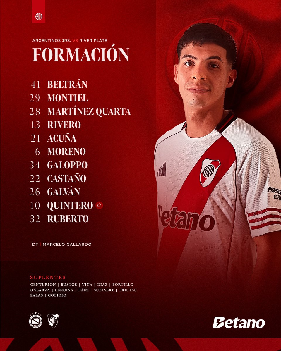 RiverPlate's tweet image. 📋✔️ Los 11 de River para visitar a Argentinos por la fecha 5 del #TorneoApertura Mercado Libre 2026.

#VamosRiver ⚪🔴⚪