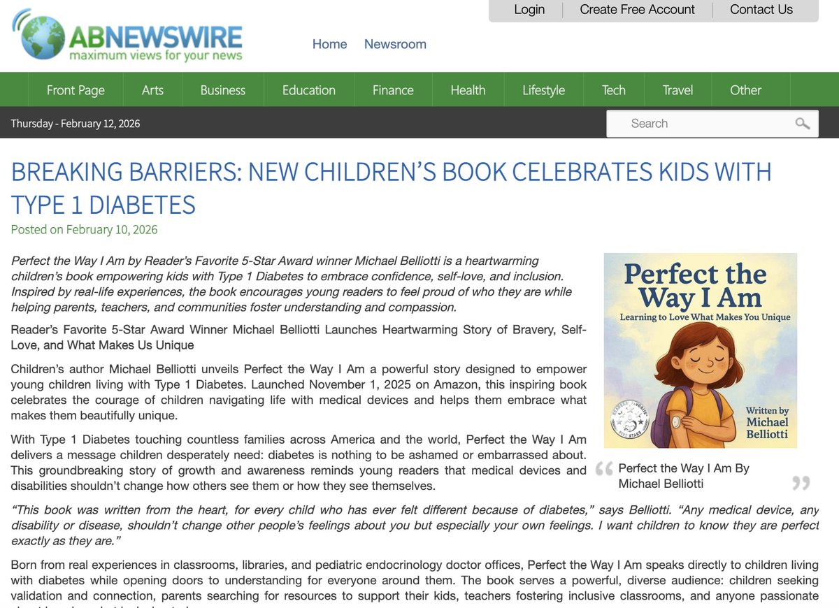 Check out my newest editorial press release from <a href="/ABNewswire/">ABNewswire</a> for my chlildren's book "Perfect The Way I Am" 
#Type1 #diabates #childrensbooks #comingofage #health #empathy 
abnewswire.com/pressreleases/…
