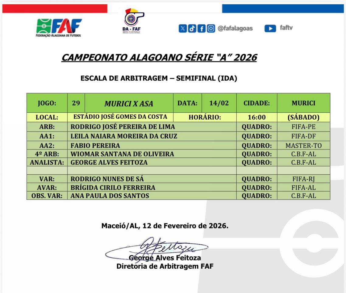 Arbitragem FIFA para Murici x ASA pela semifinal do alagoano 2026, jogo de ida fica a cargo do Rodrigo José Pereira de Lima.