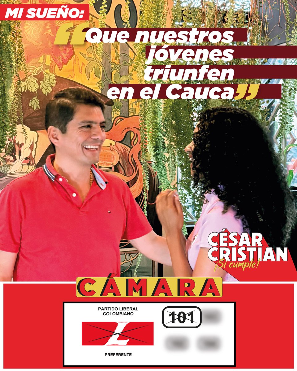 🚩🚩"Trabajo incansablemente para que ningún joven tenga que irse del Cauca por necesidad. Que triunfen aquí, en su tierra, al lado de sus padres y sus abuelos." - César Cristian