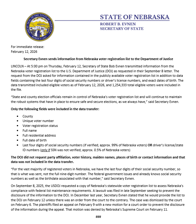 NE Secretary of State Robert Evnen tweet media