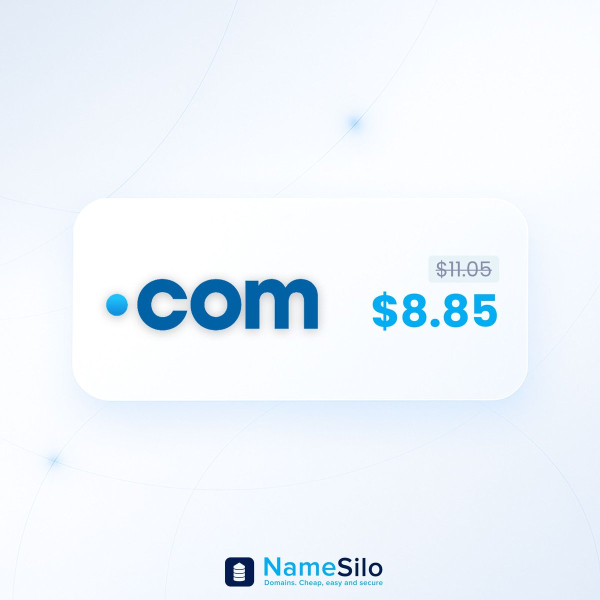 namesilo's tweet image. Build your presence with .COM 🌐
New .COM domains start at $8.85, with Discount Program members in Tiers 1–6 able to go as low as $7.75. A classic choice for brands, businesses, and projects. 

Available until February 14. 🔗 buff.ly/J1y53OR 
#DomainDeal #DotCOM