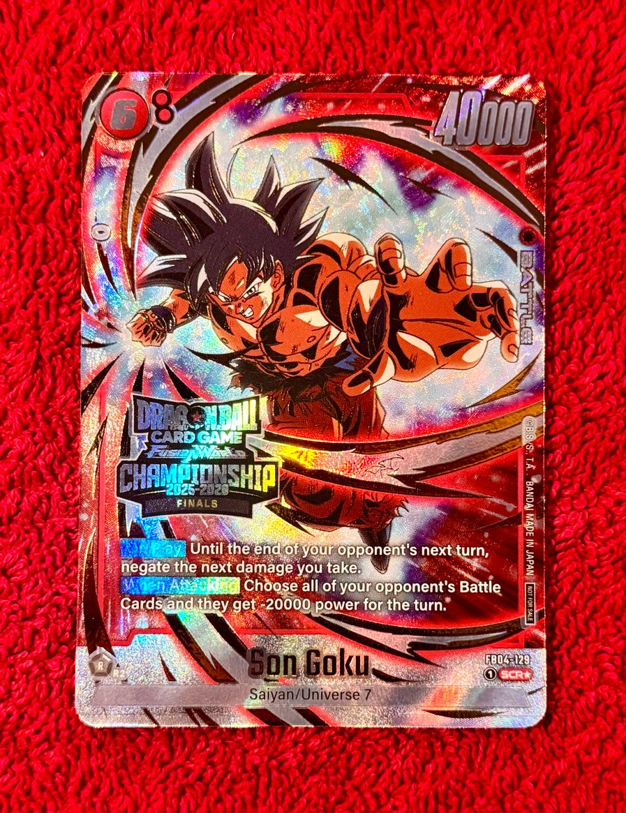 Schmasty's tweet photo. Only 128 copies worldwide.

The Son Goku FB04-129 Tournament card is heavily slept on right now.

Only the top 32 Winners got this championship card in 4 different regions.

Also the Artwork is crazy plus it has a stamp.

I mean we are talking about the MAIN CHARACTER in his STRONGEST FORM!