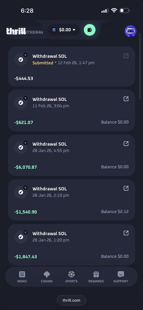 Why is a small withdrawal gets put under review for 5 hours and not yet resolved, this is cancer 😭 <a href="/Thrill_com/">Thrill.com</a> 

I love the site but support gotta be more informative and these types of things shouldn’t happen overall, if I am playing high stakes on a website I expect it to be