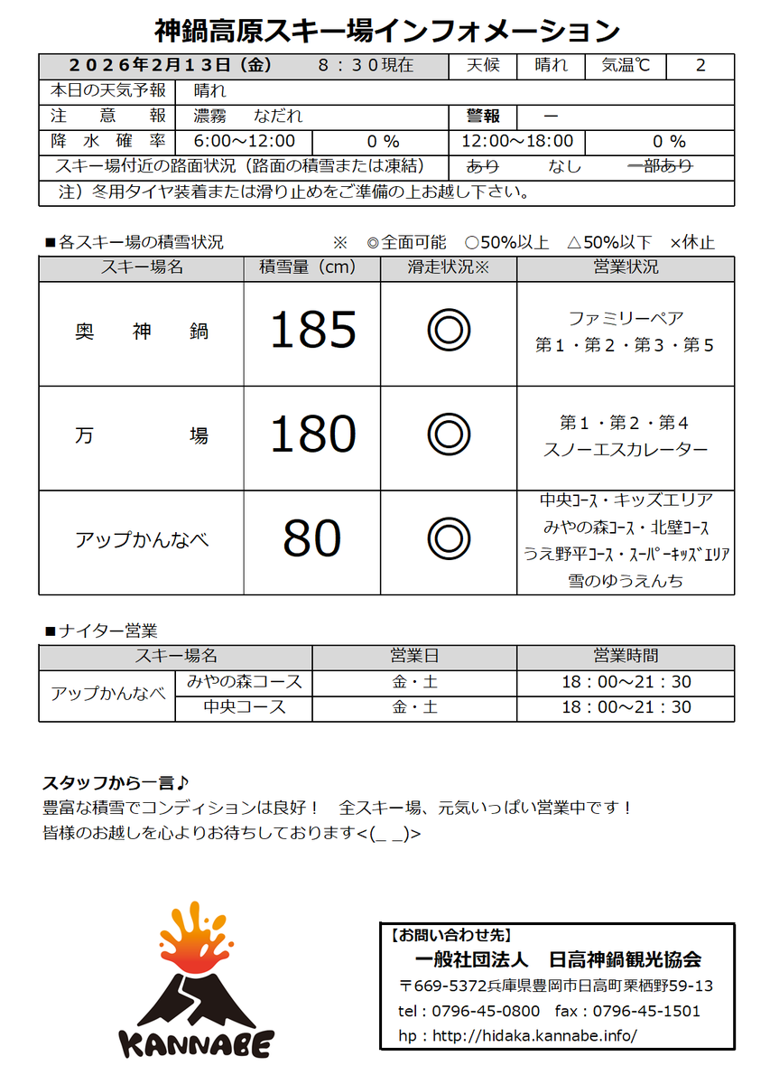 kannabe's tweet photo. 2026.0213【８時30分現在の神鍋高原の様子】
おはようございます本日の神鍋高原はスカッと気持ちの良い晴れとなっております🌞
気象庁の発表ではしばらく雪は降らないようですが、冷え込みが厳しく夜間早朝は凍結箇所が多く見られますので足元にご注意下さい🙇‍♂️
シーズンも折り返し、ぜひ神鍋高原へ🏃‍♂️ https://t.co/SHSRBF1zli
